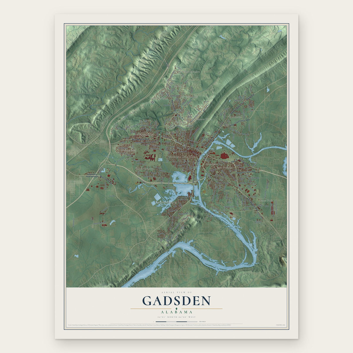 Gadsden, Alabama map print, the full design