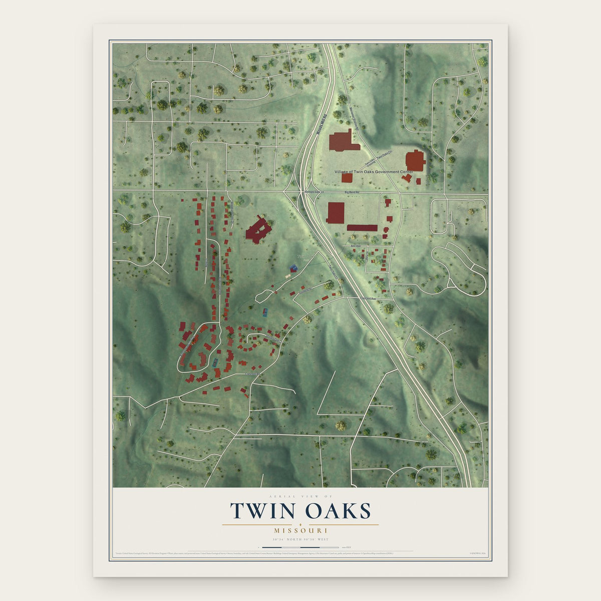 Twin Oaks, Missouri map print, the full design