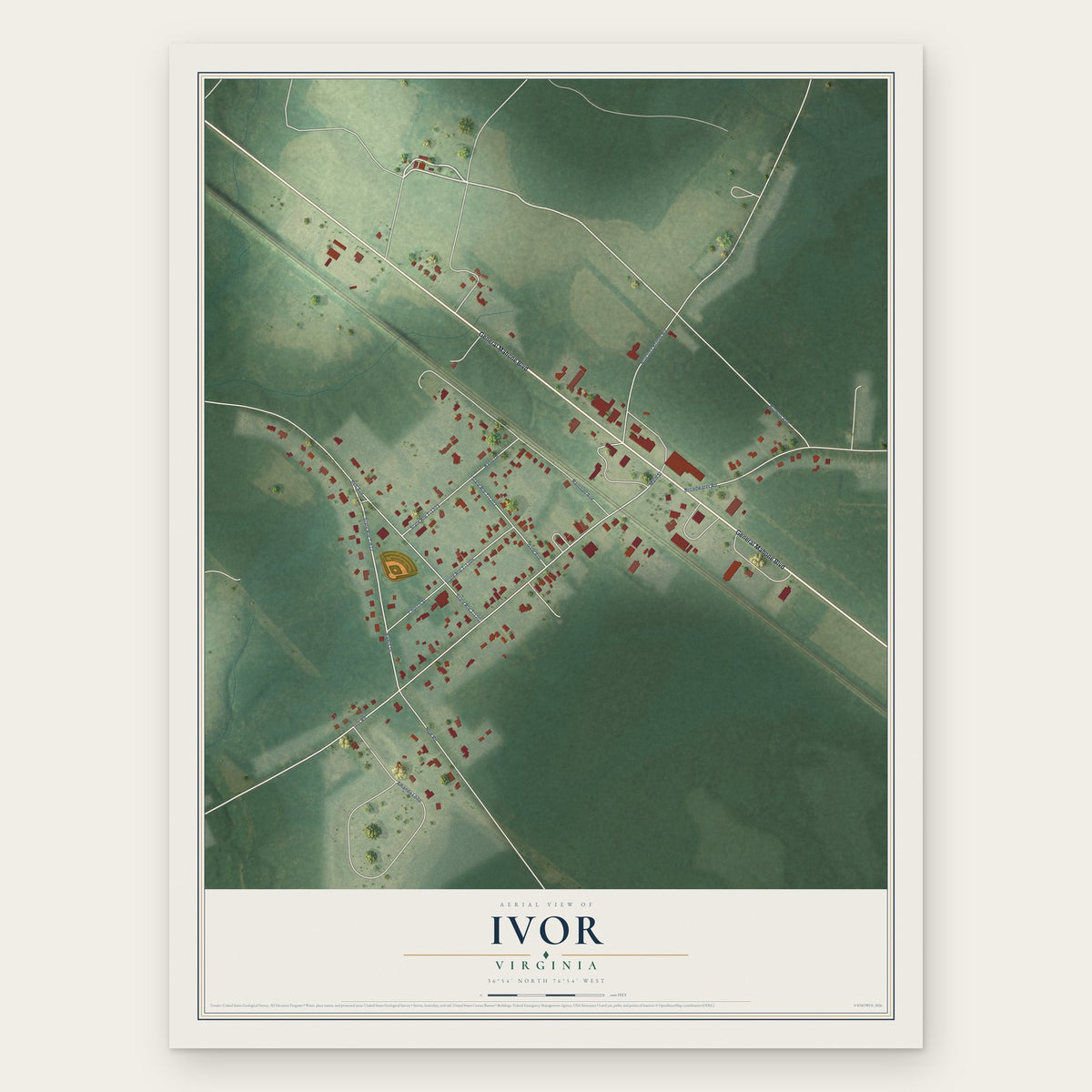Ivor, Virginia map print, the full design