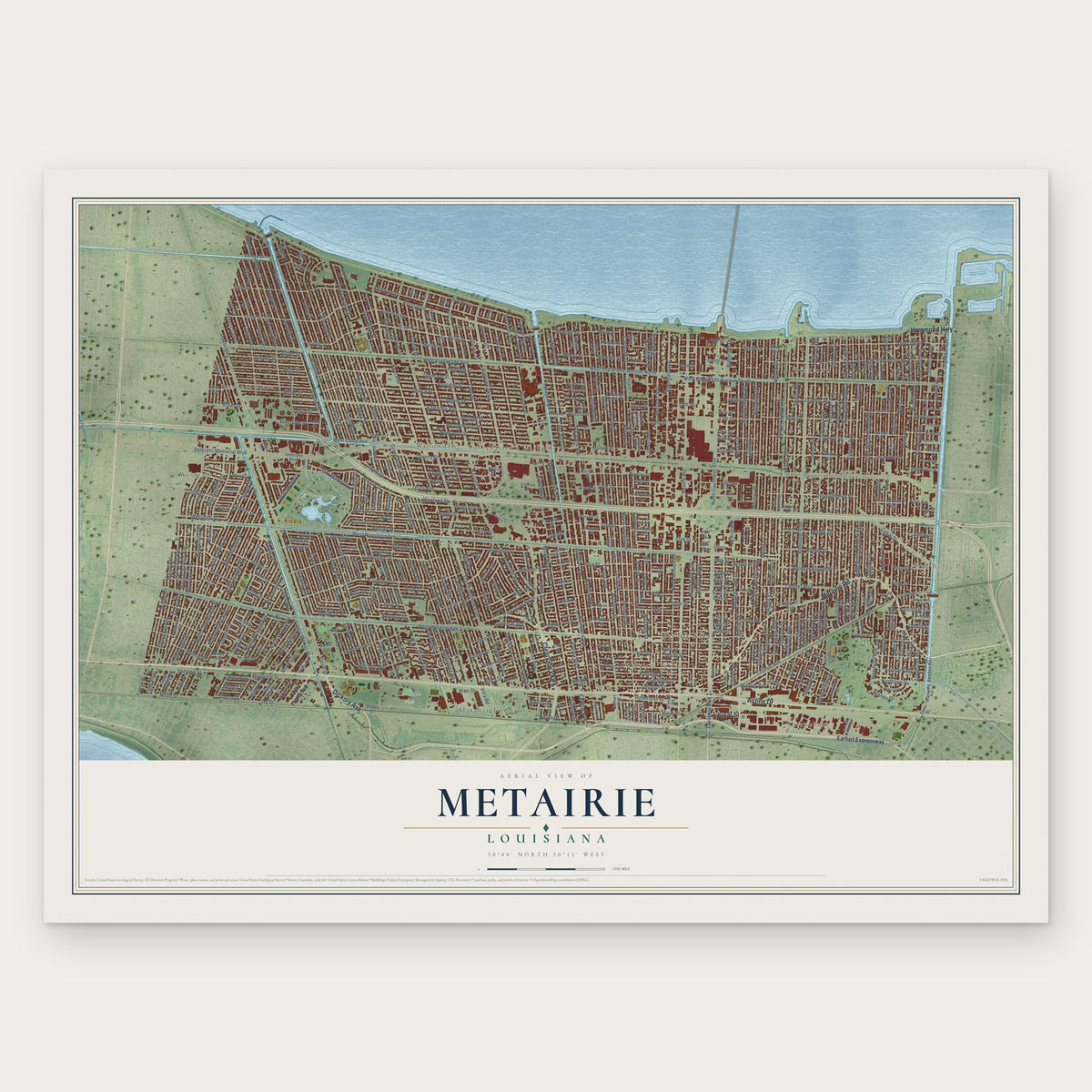 Metairie, Louisiana map print, the full design