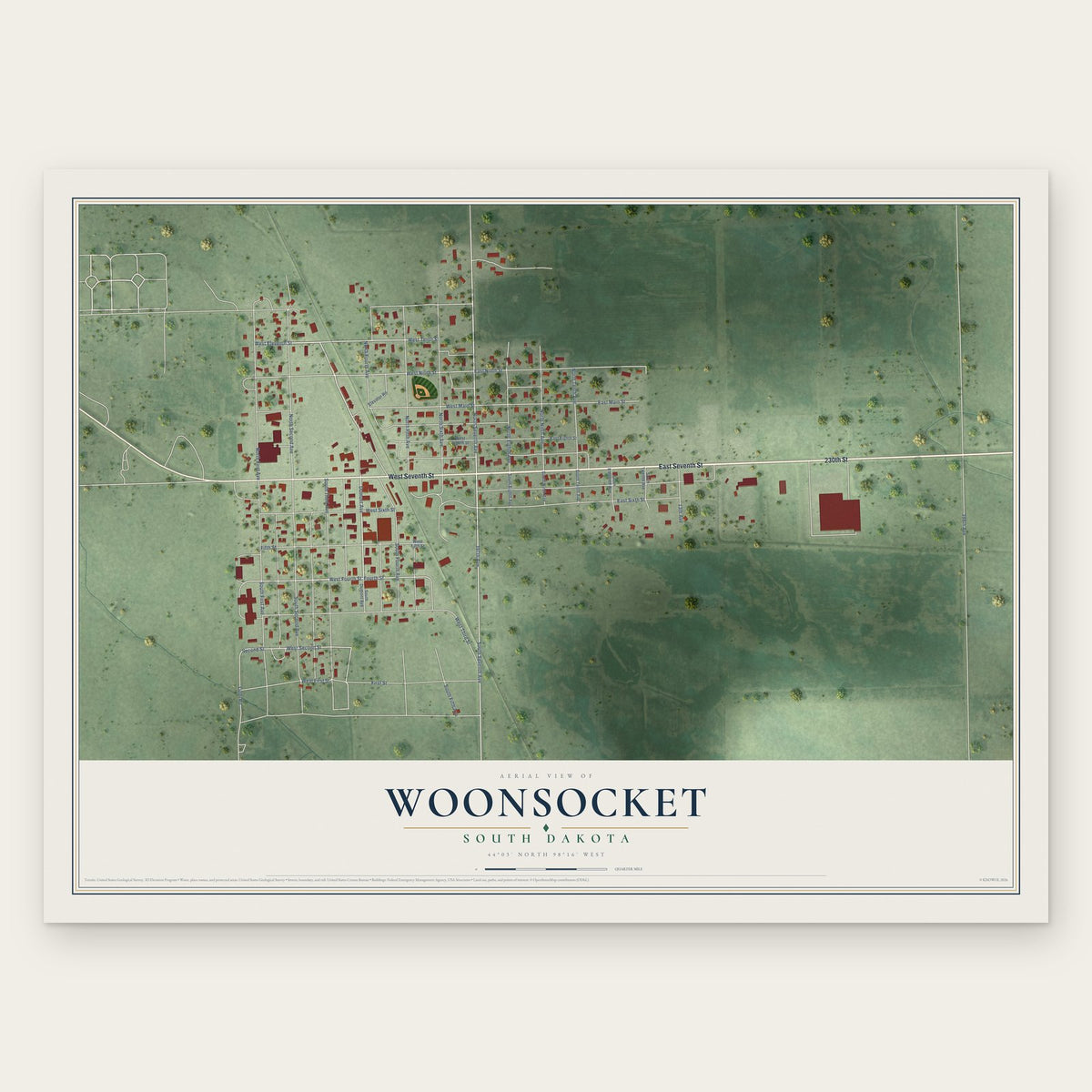 Woonsocket, South Dakota map print, the full design