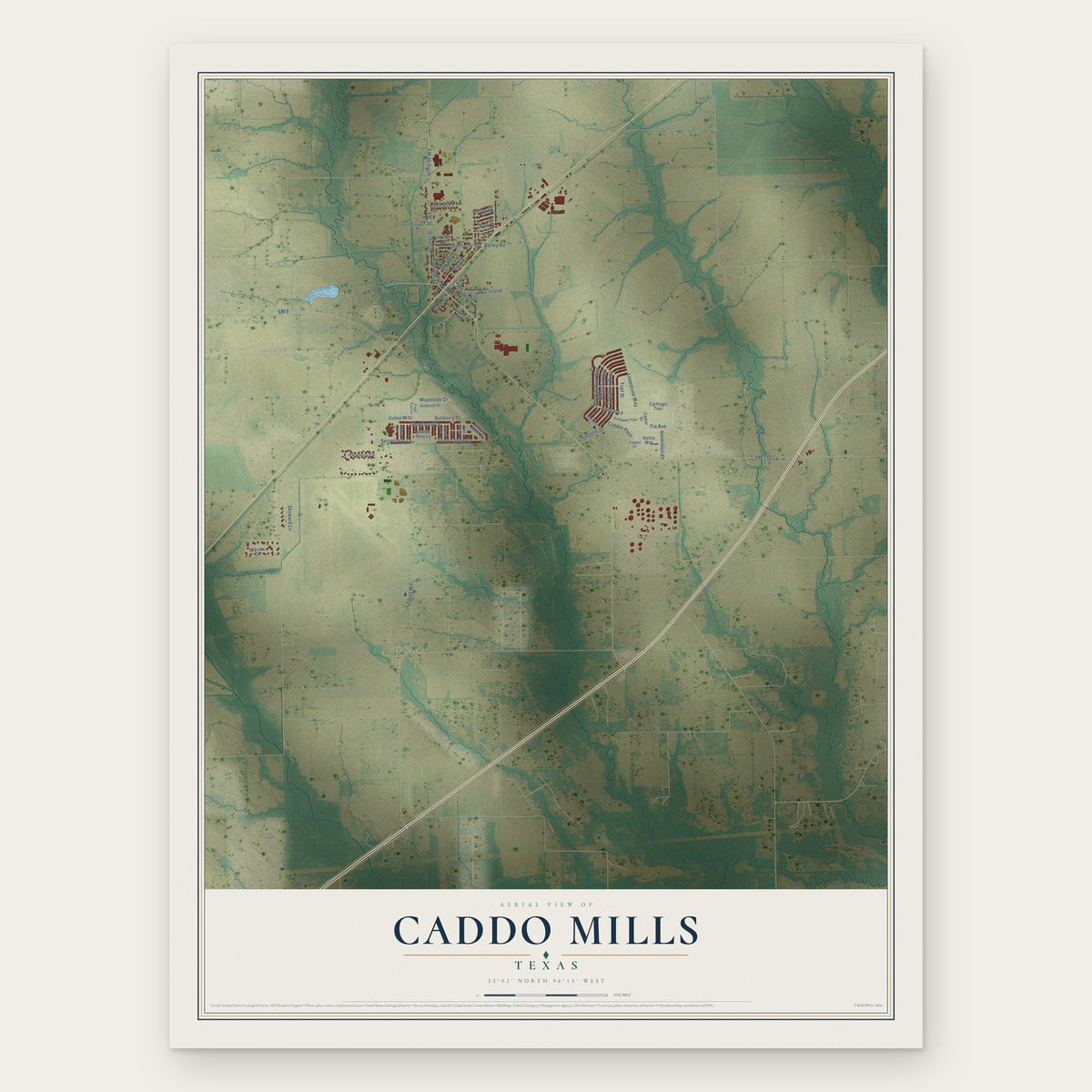 Caddo Mills, Texas map print, the full design