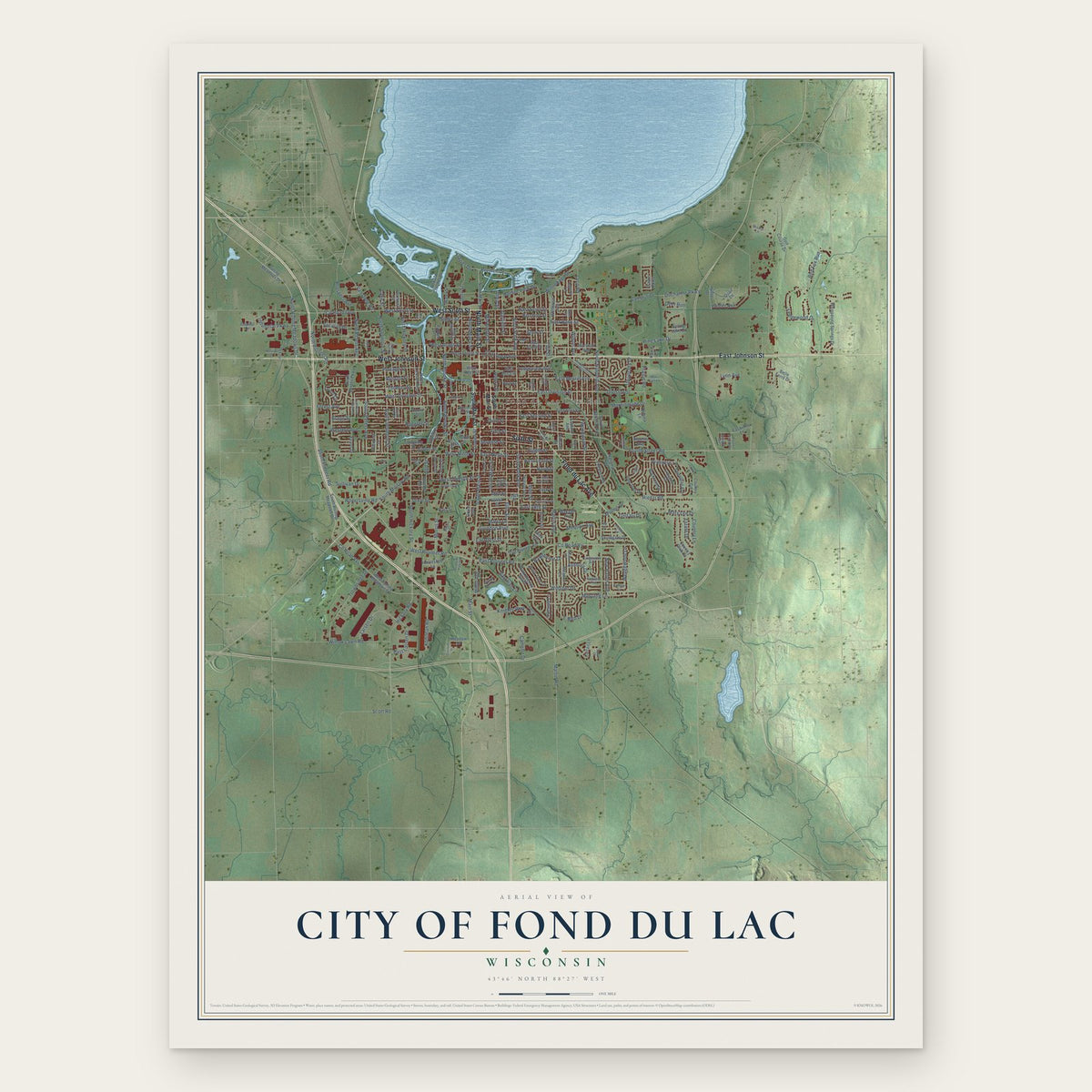 Fond du Lac, Wisconsin map print, the full design