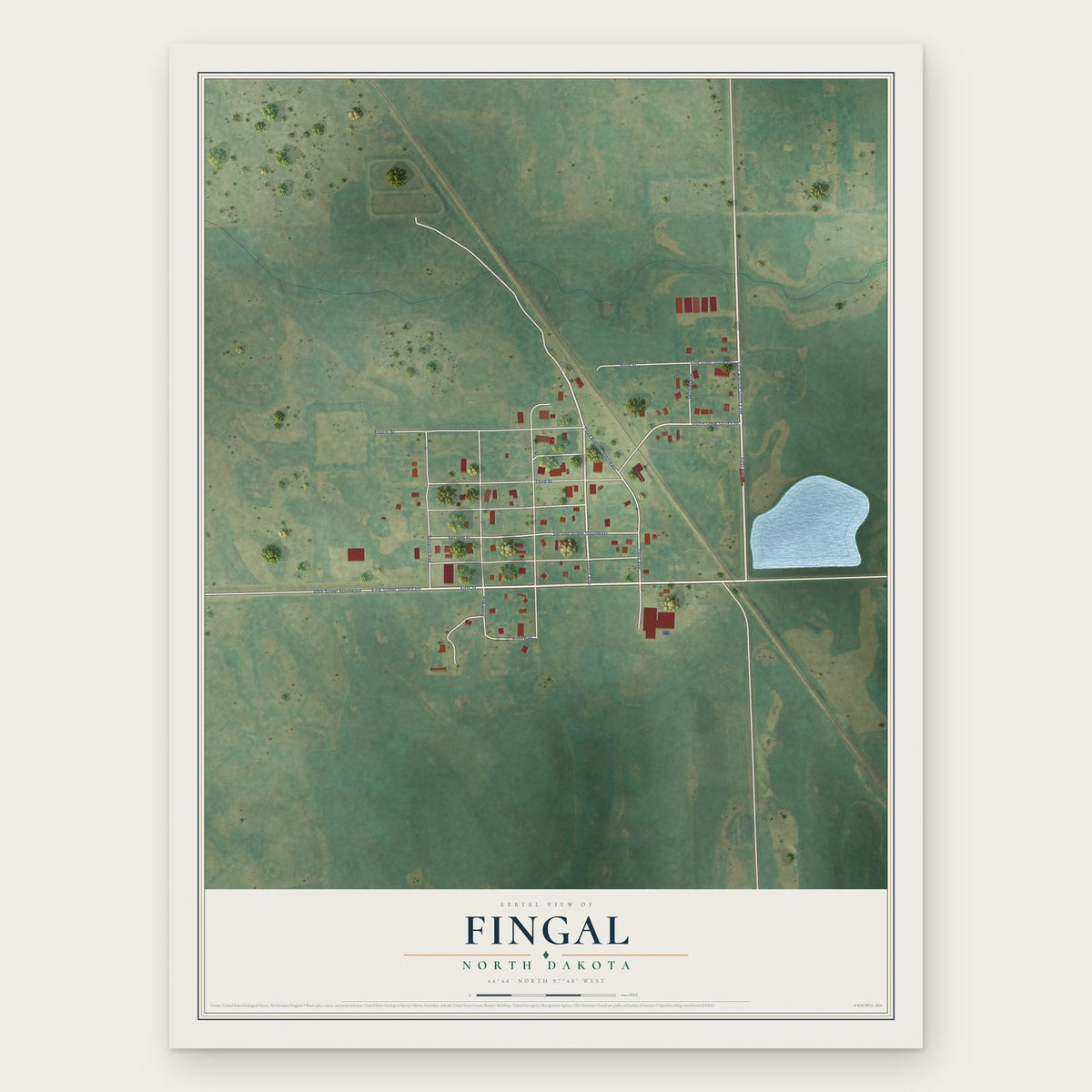 Fingal, North Dakota map print, the full design