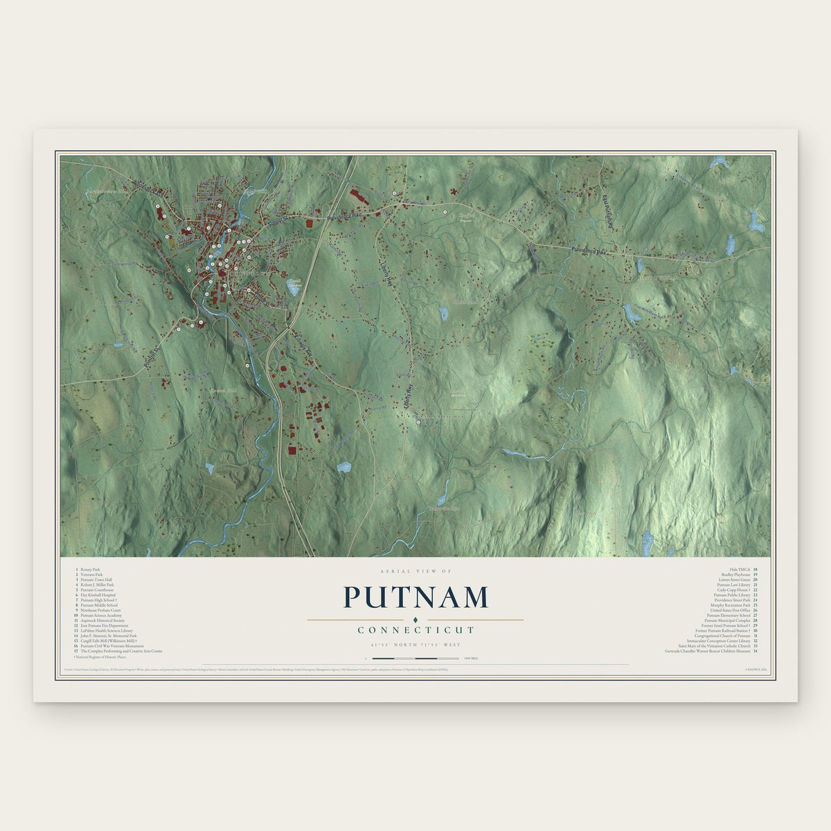 Putnam, Connecticut map print, the full design