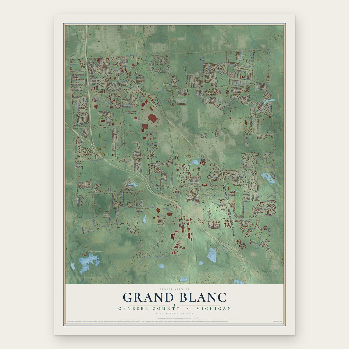 Grand Blanc, Genesee County, Michigan map print, the full design