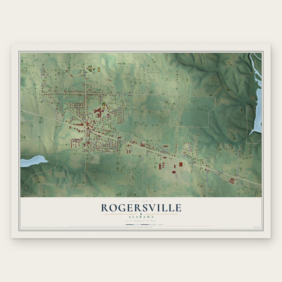 Rogersville, Alabama map print, the full design