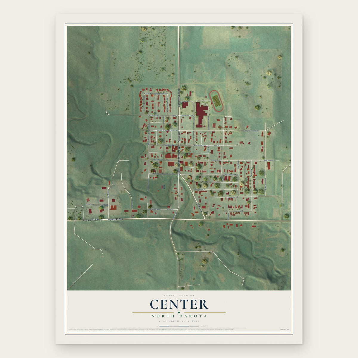 Center, North Dakota map print, the full design