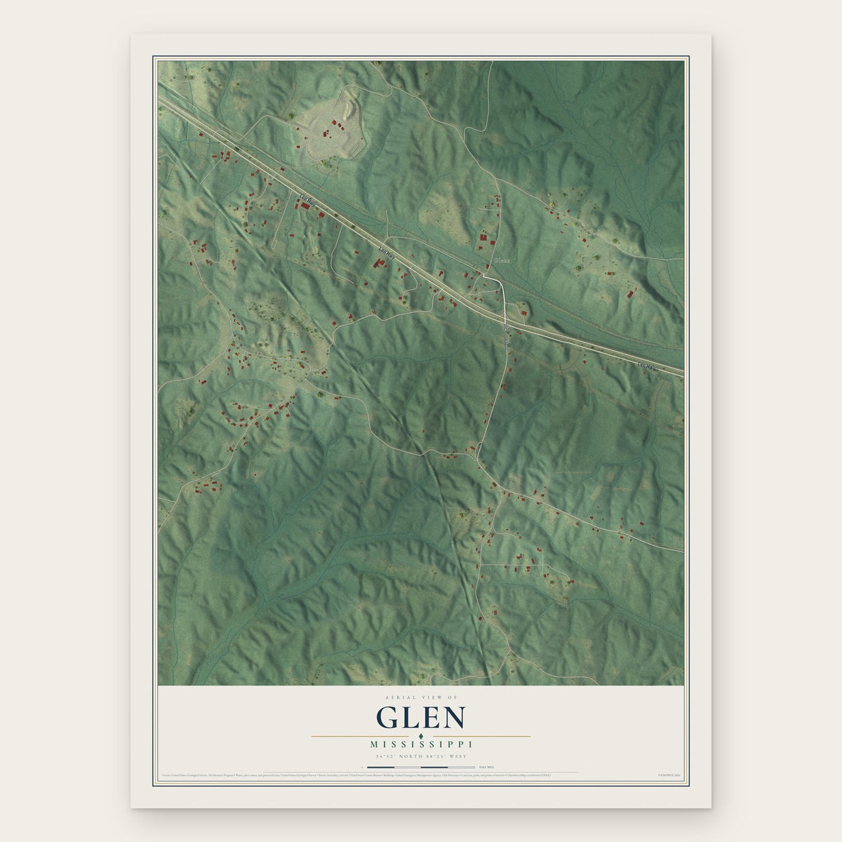 Glen, Mississippi map print, the full design