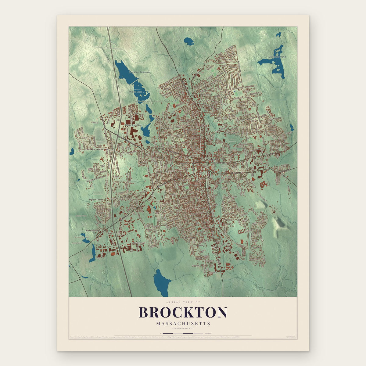 Brockton, Massachusetts map print, the full design