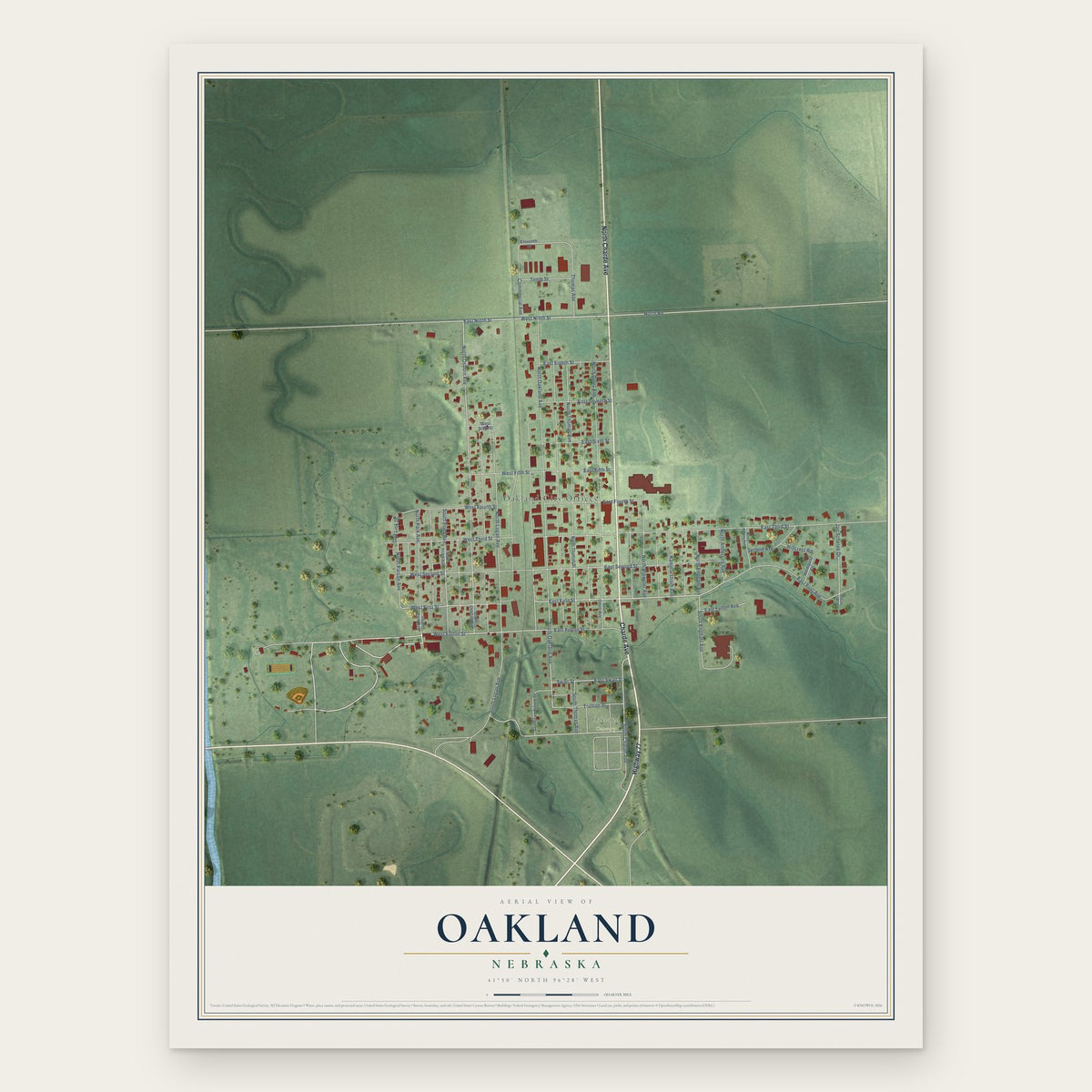 Oakland, Nebraska map print, the full design