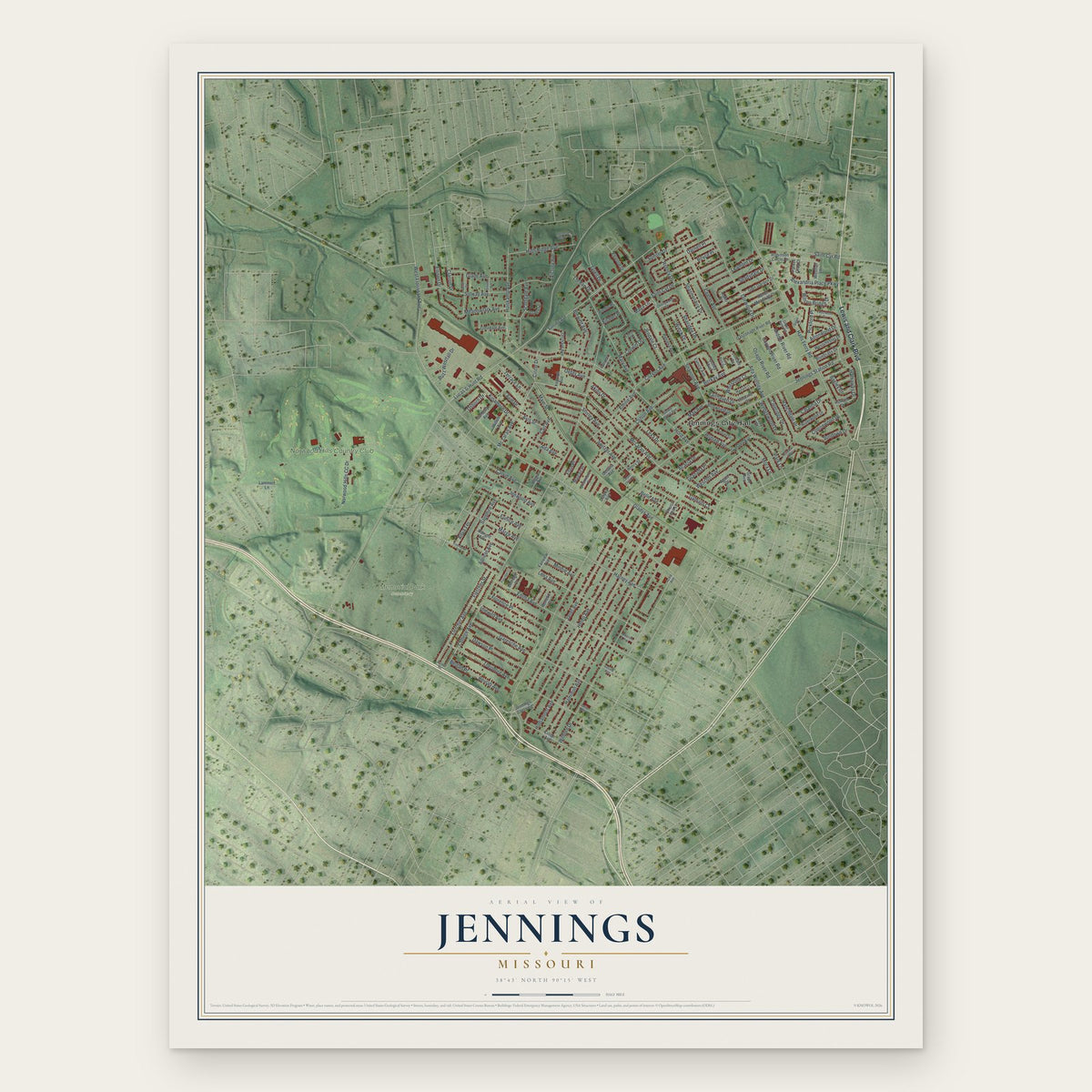 Jennings, Missouri map print, the full design