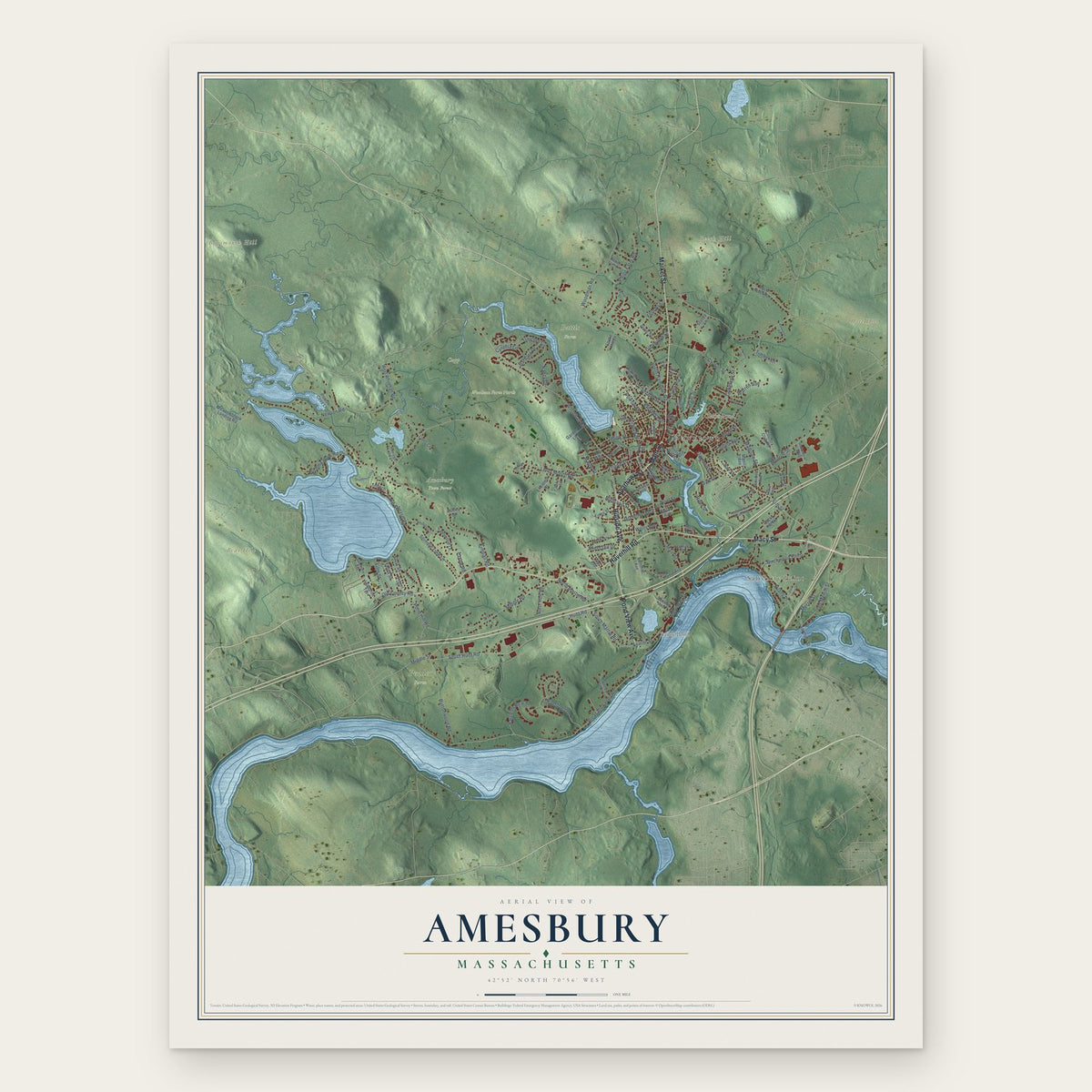 Amesbury, Massachusetts map print, the full design