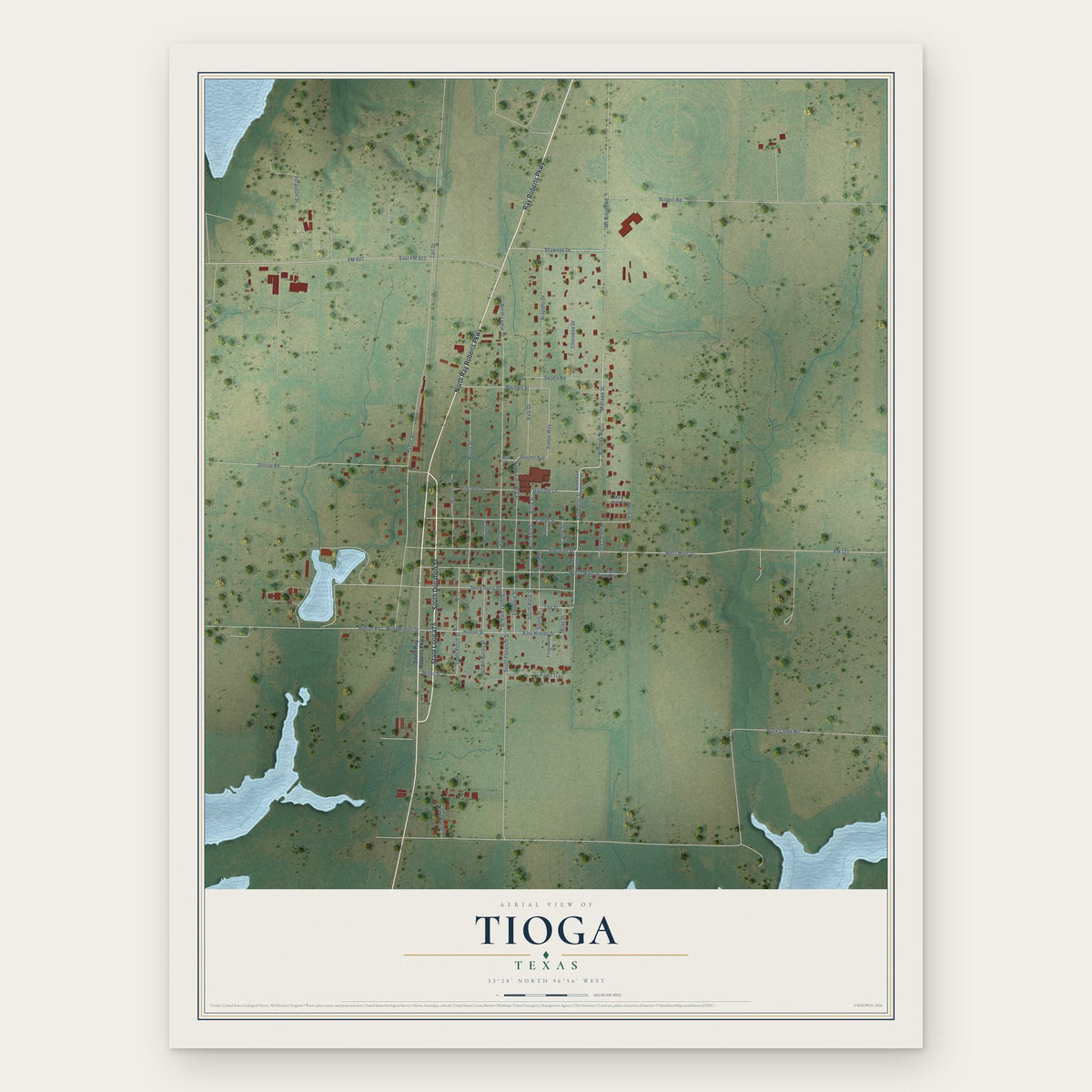 Tioga, Texas map print, the full design