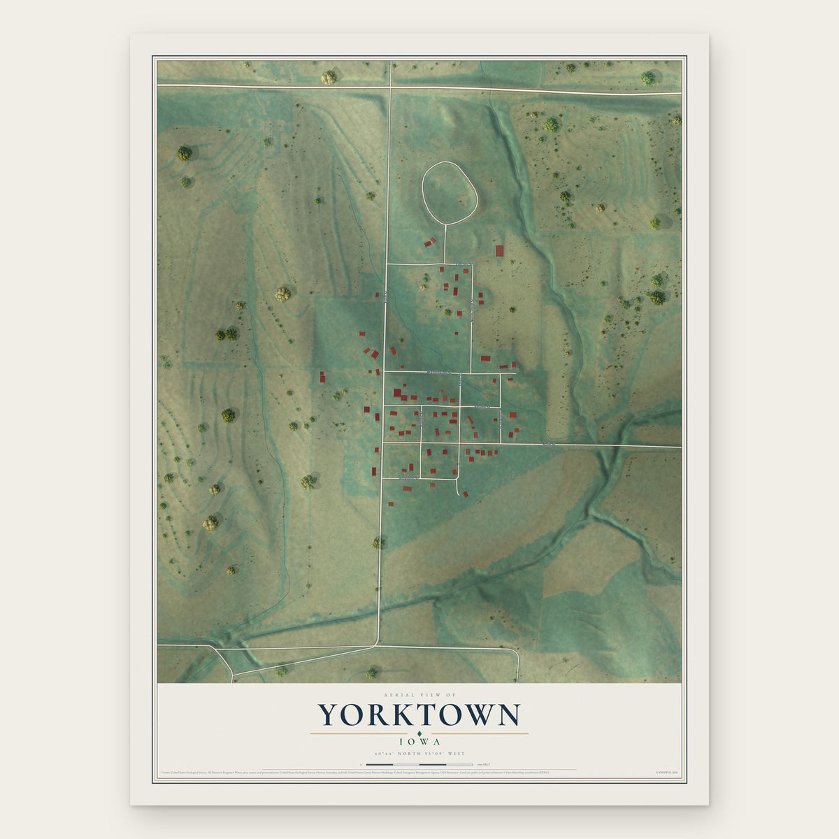 Yorktown, Iowa map print, the full design