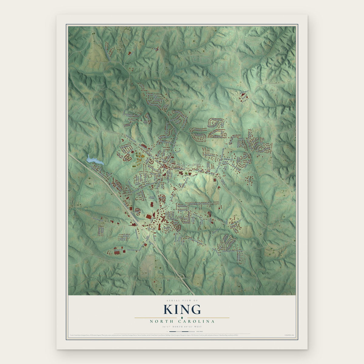 King, North Carolina map print, the full design