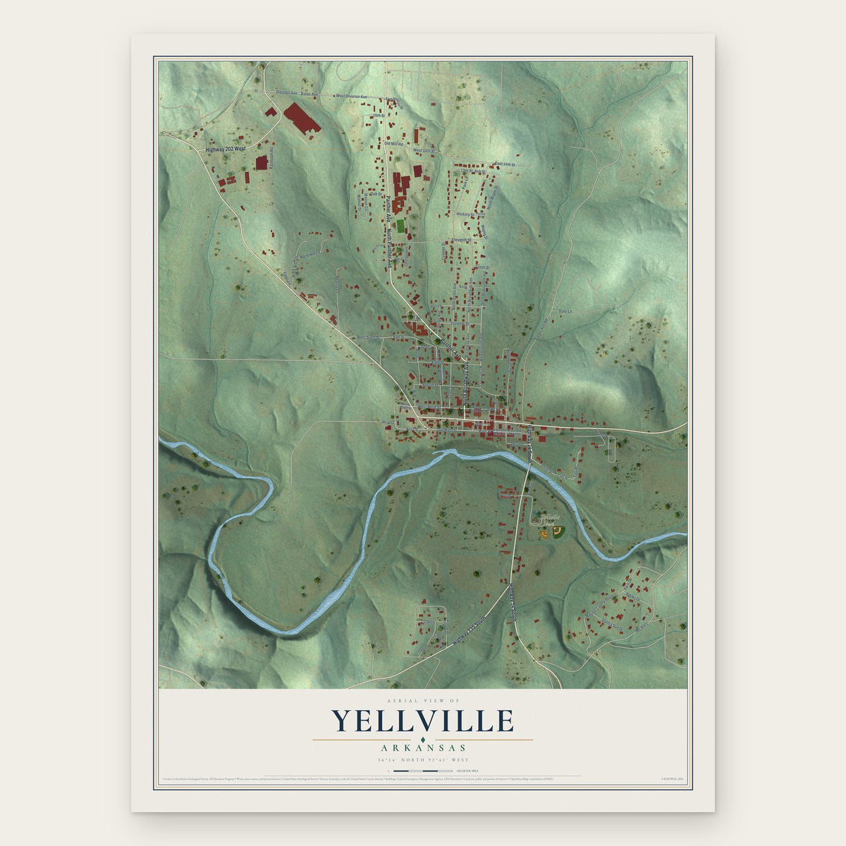 Yellville, Arkansas map print, the full design