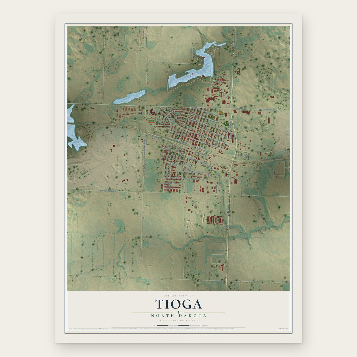 Tioga, North Dakota map print, the full design