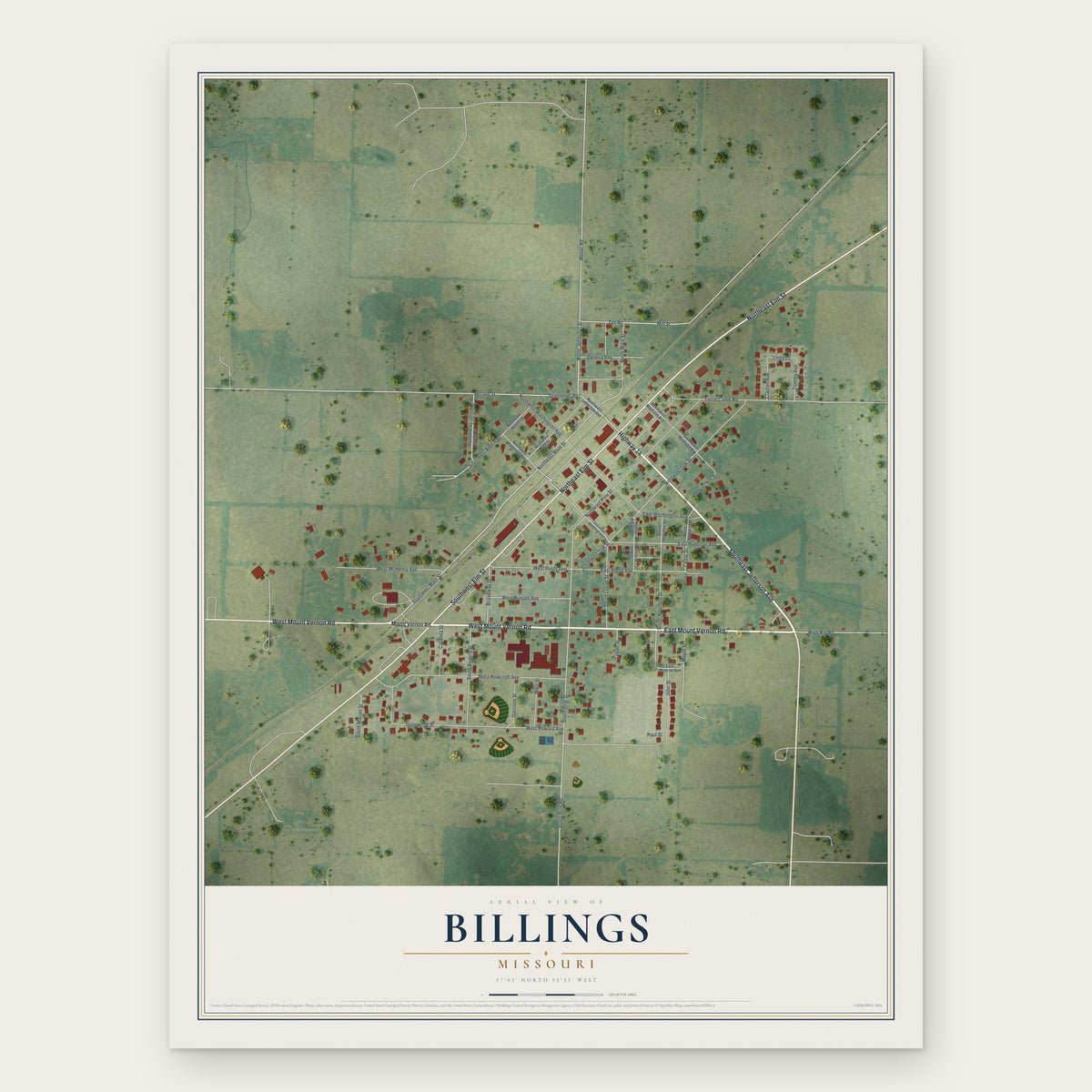 Billings, Missouri map print, the full design