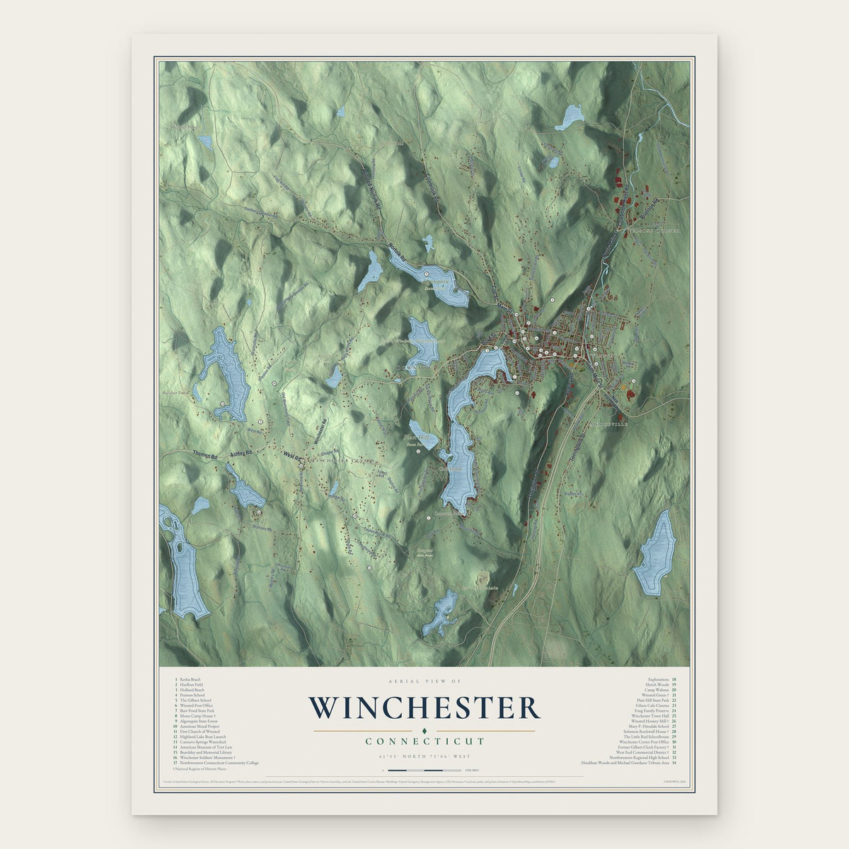 Winchester, Connecticut map print, the full design