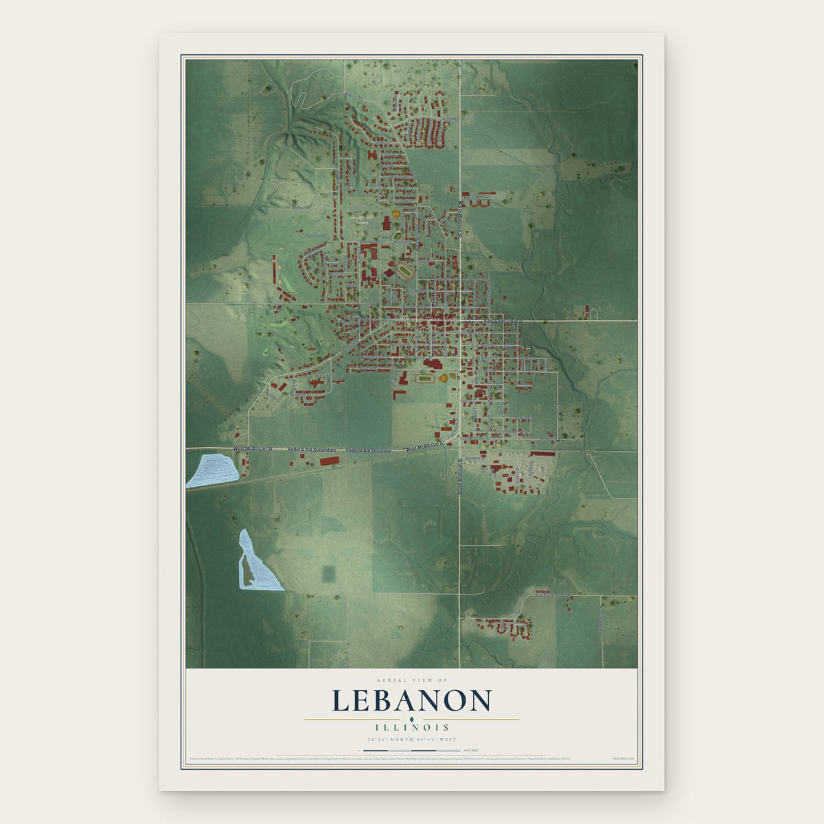 Lebanon, Illinois map print, the full design
