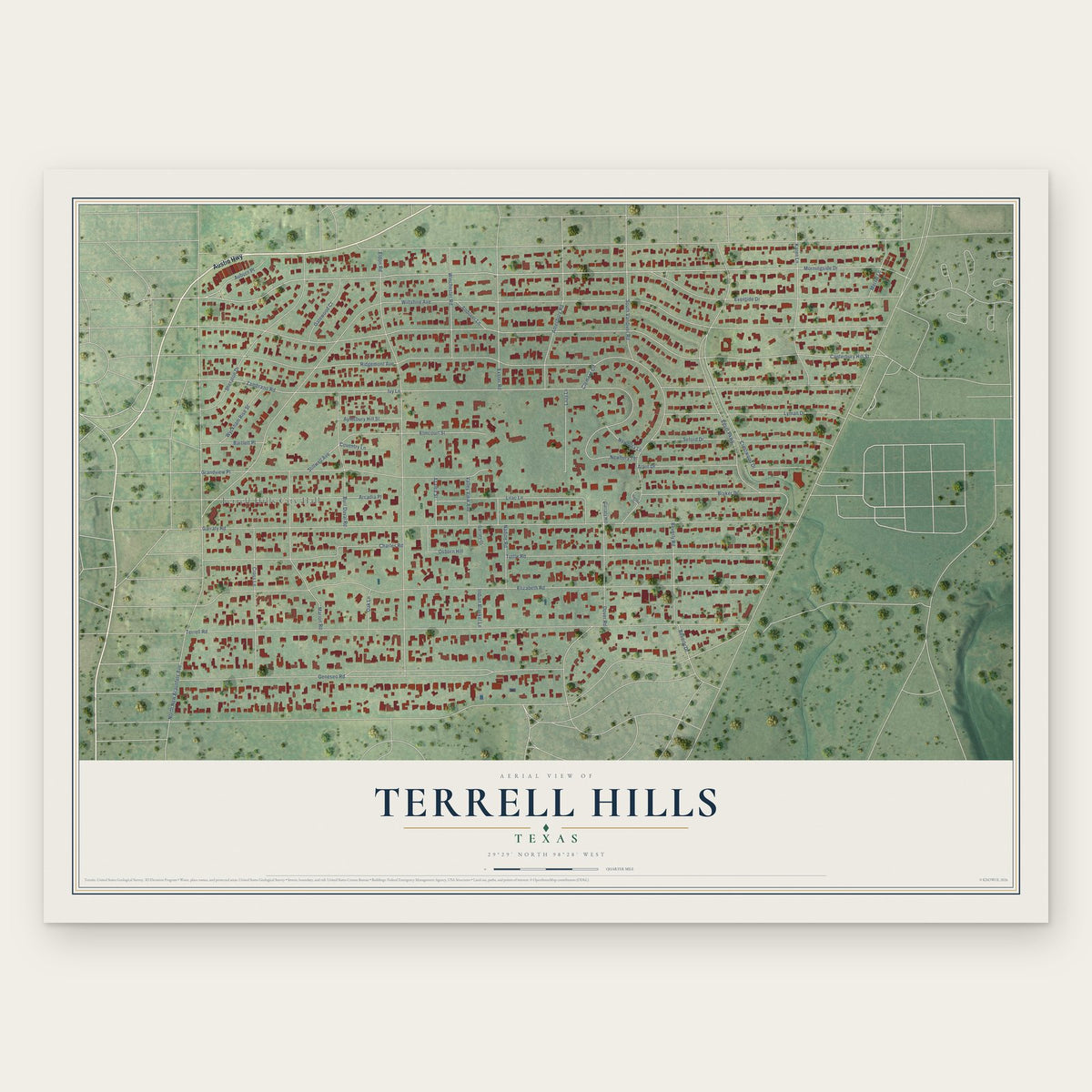 Terrell Hills, Texas map print, the full design