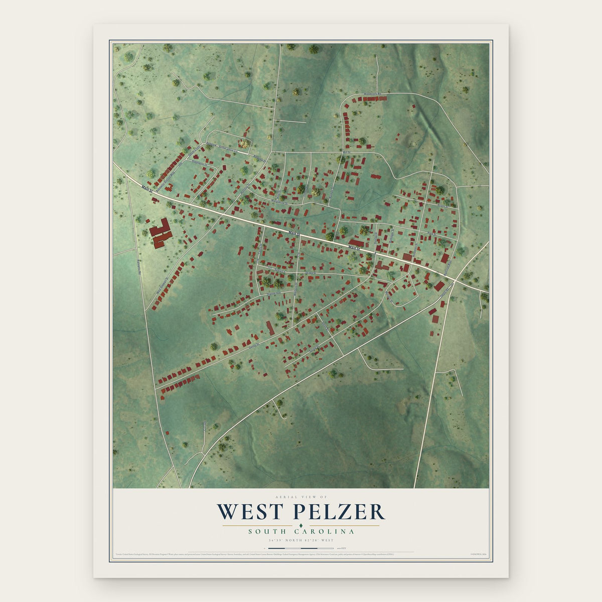 West Pelzer, South Carolina map print, the full design