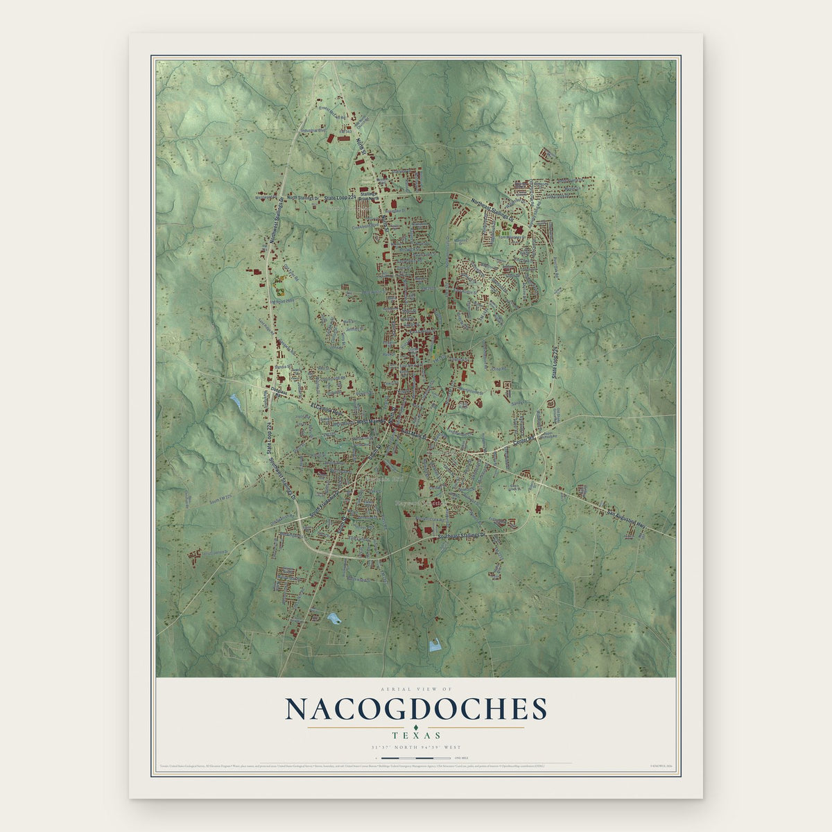 Nacogdoches, Texas map print, the full design