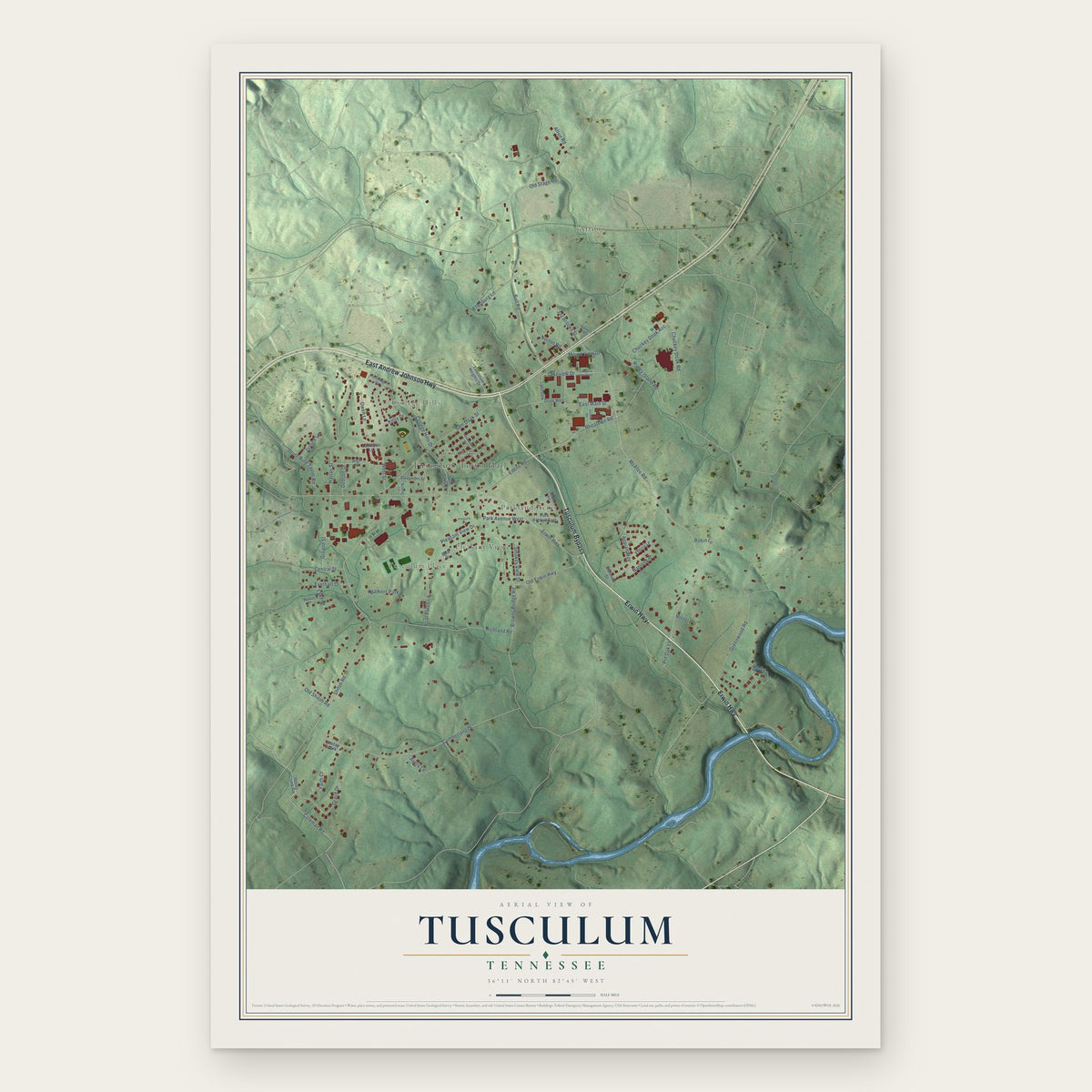 Tusculum, Tennessee map print, the full design