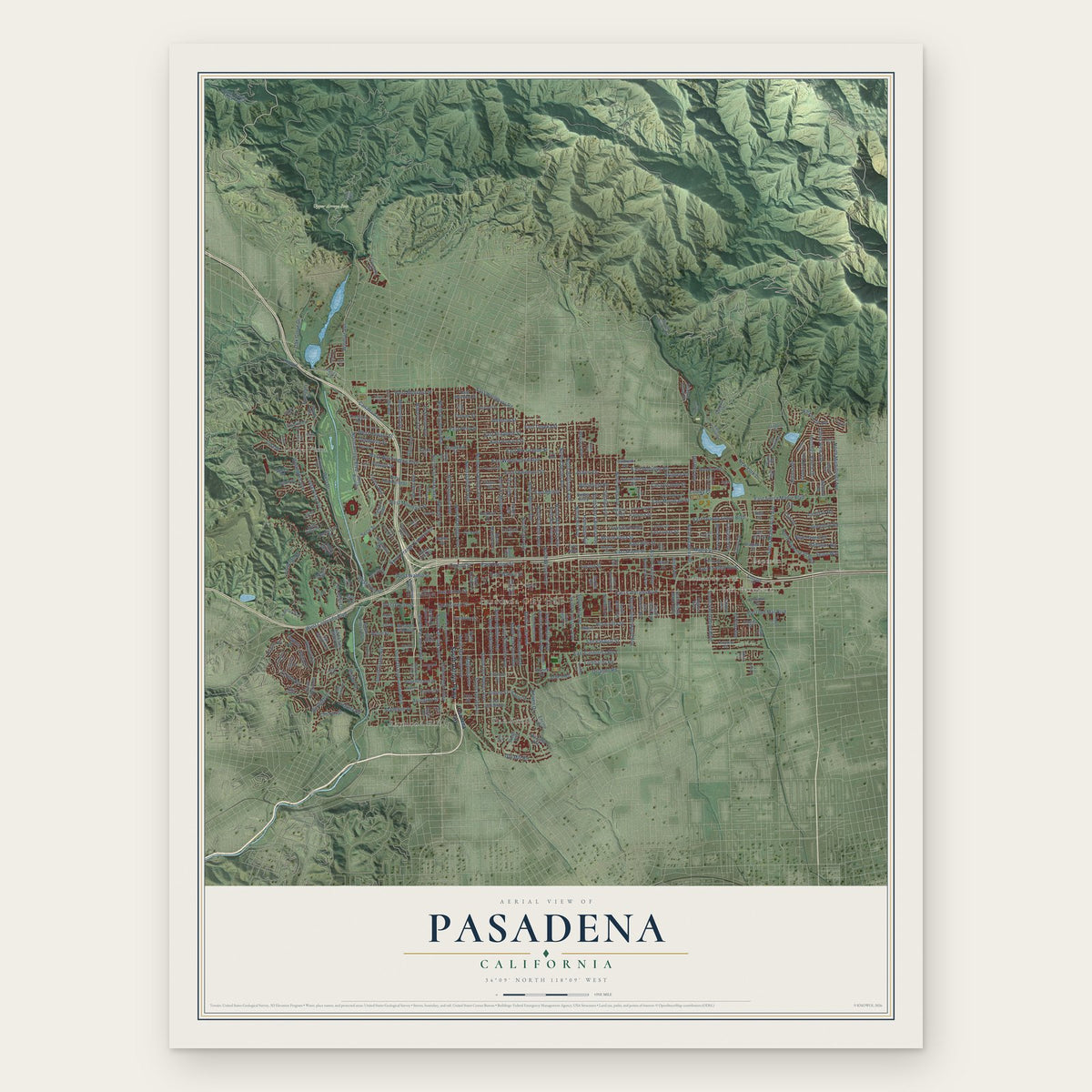 Pasadena, California map print, the full design