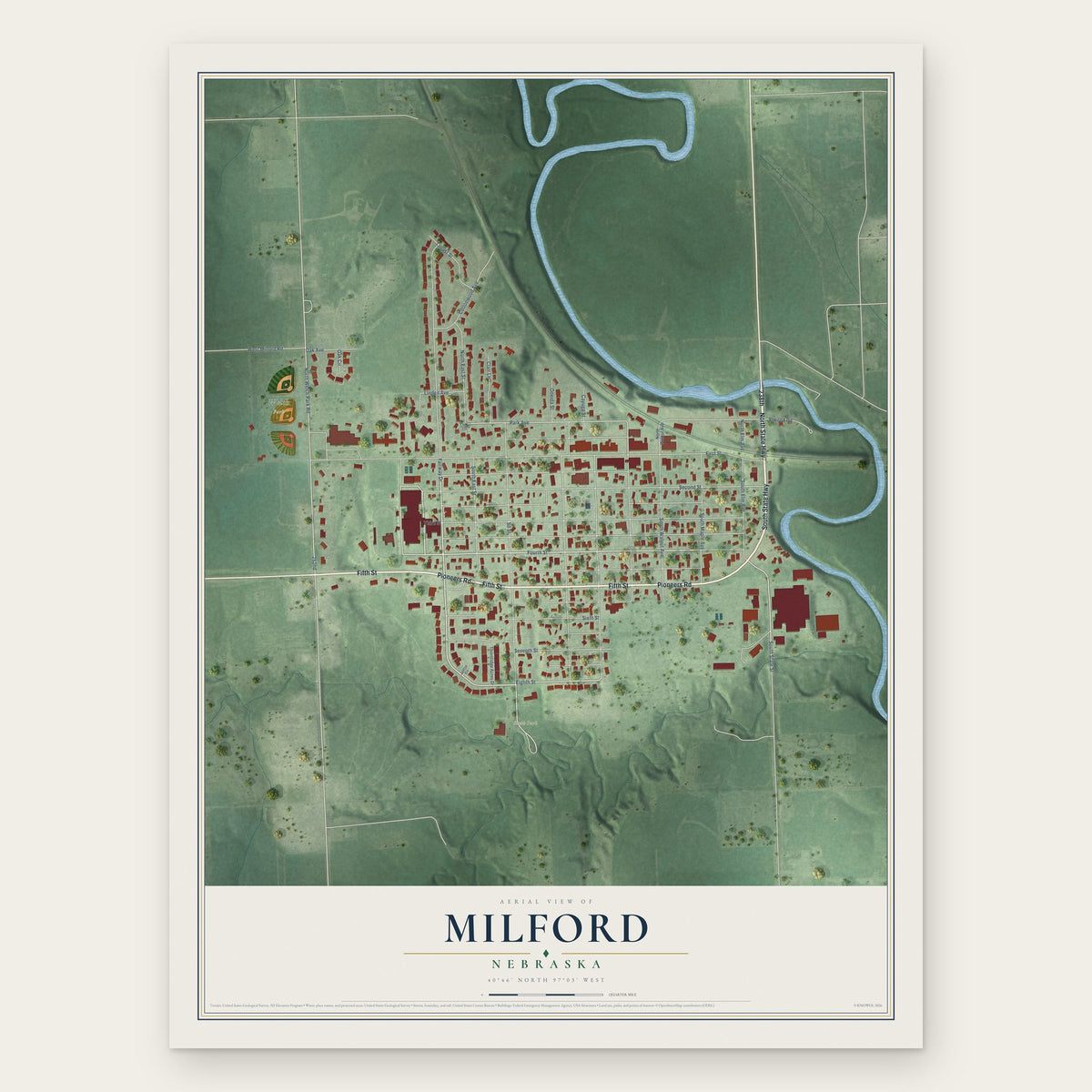 Milford, Nebraska map print, the full design