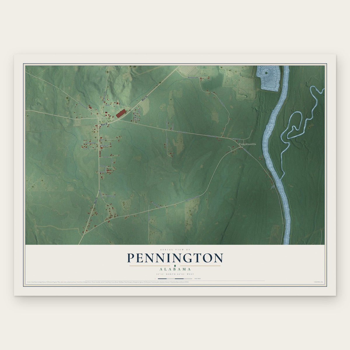 Pennington, Alabama map print, the full design