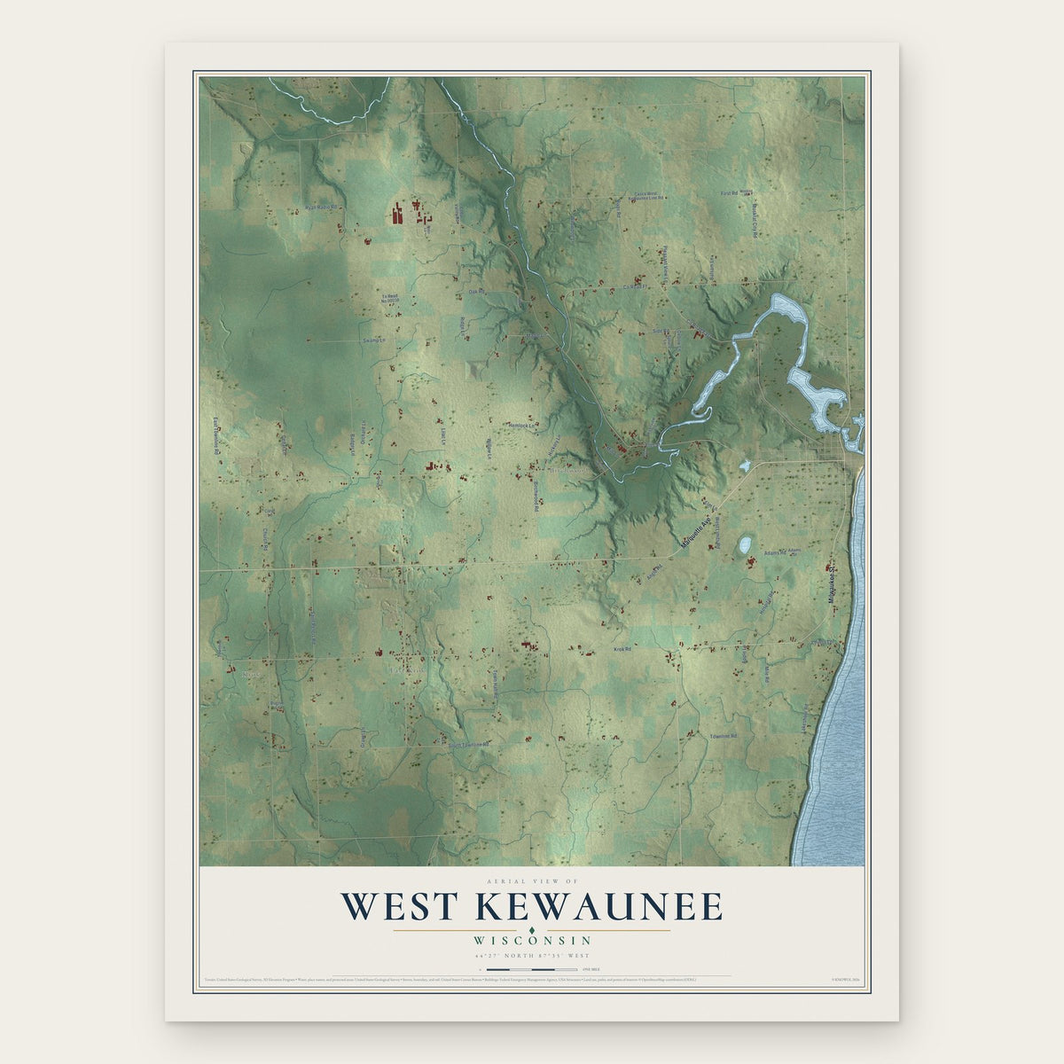 West Kewaunee, Wisconsin map print, the full design