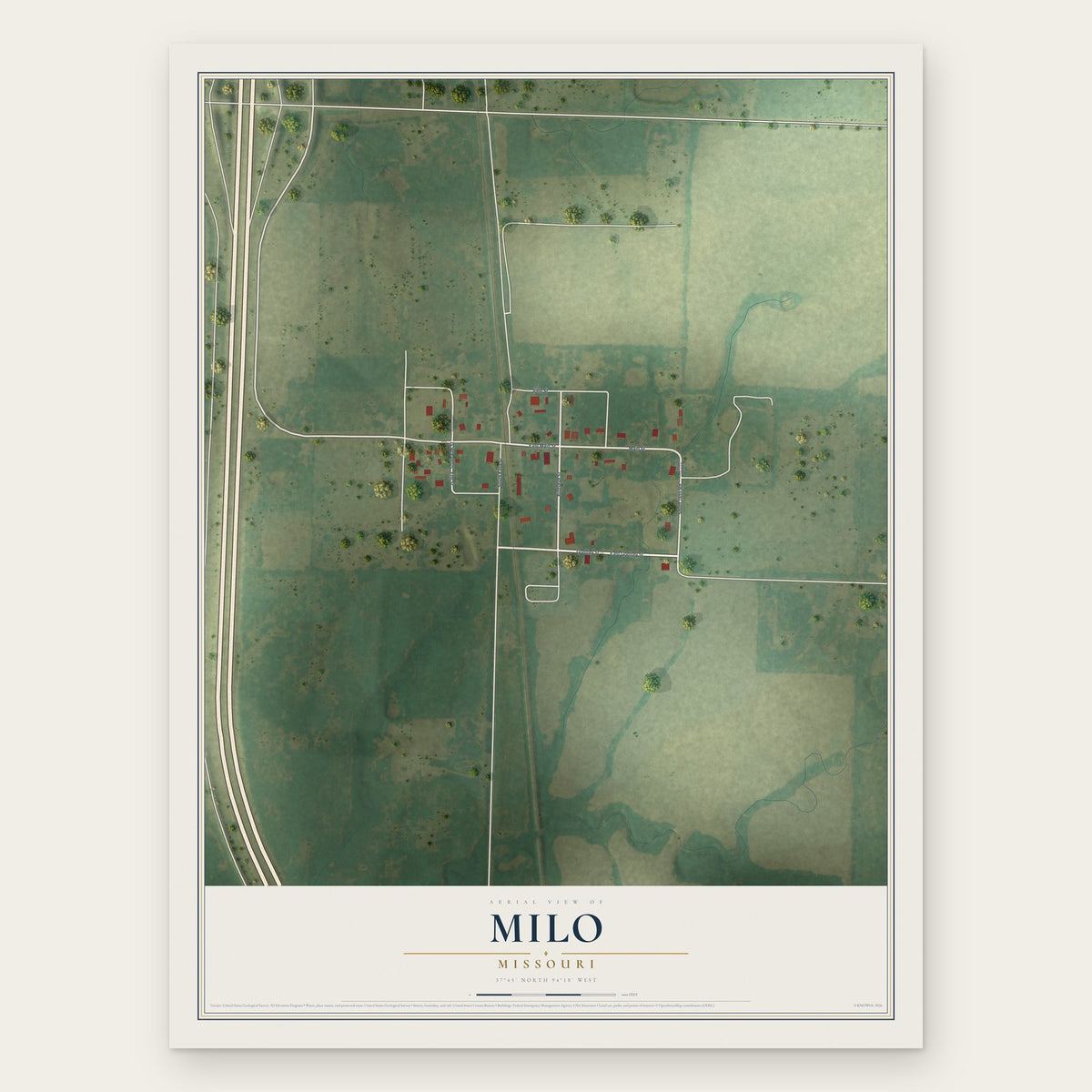 Milo, Missouri map print, the full design