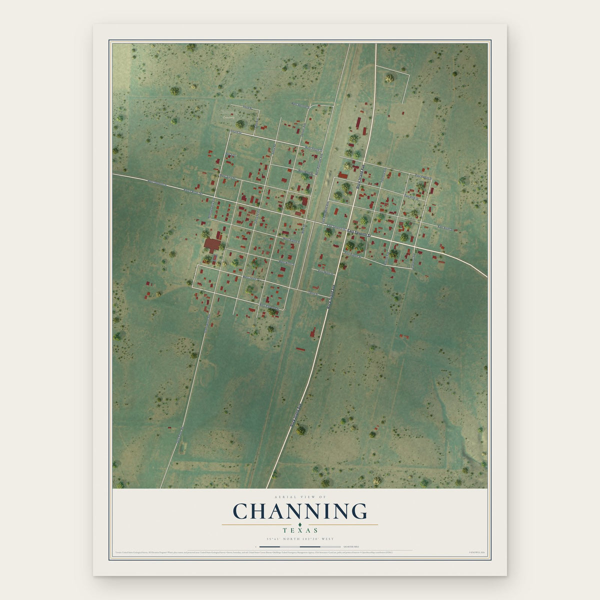 Channing, Texas map print, the full design