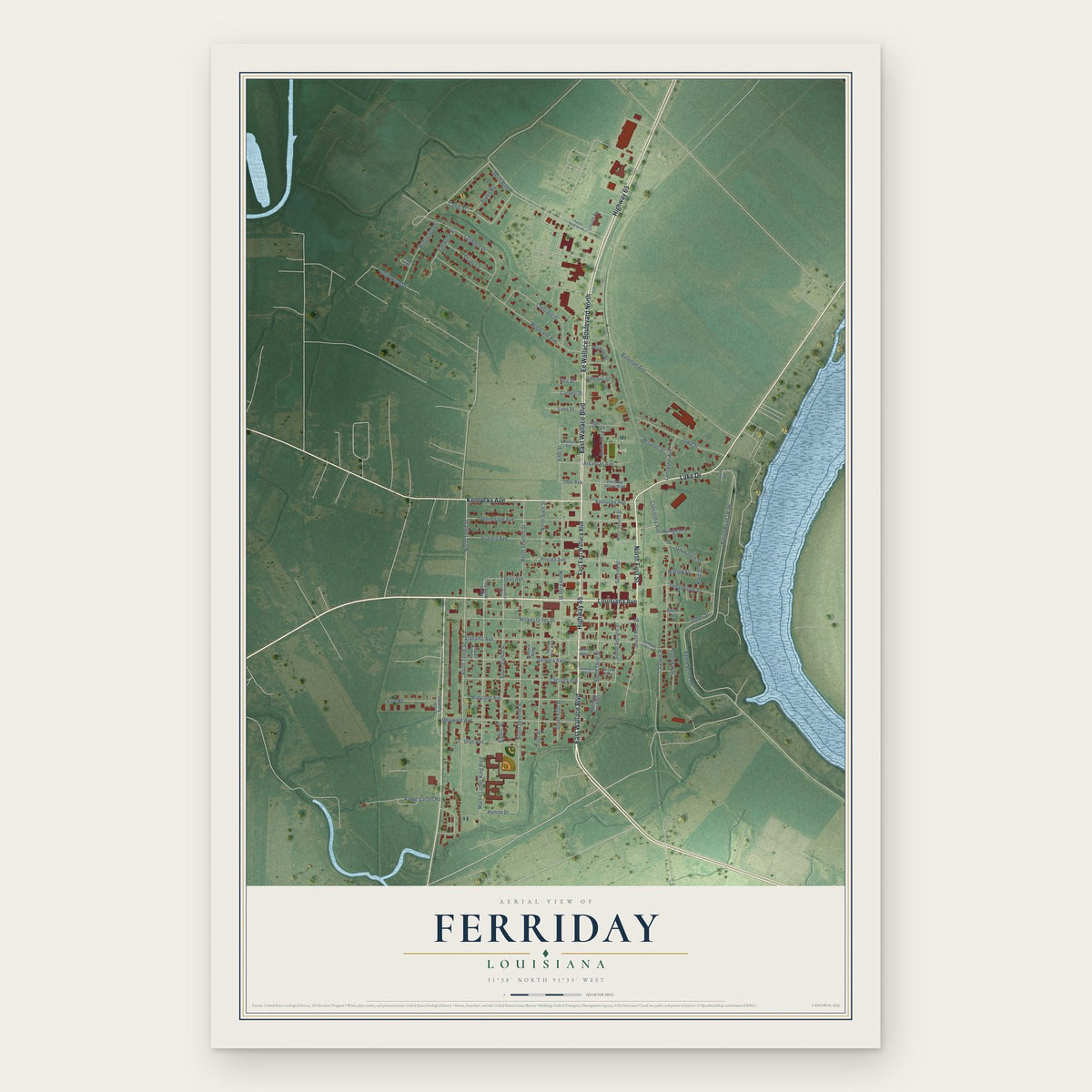 Ferriday, Louisiana map print, the full design