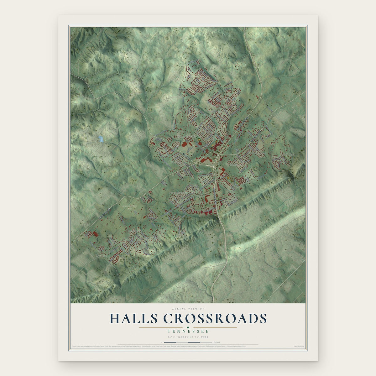 Halls Crossroads, Tennessee map print, the full design
