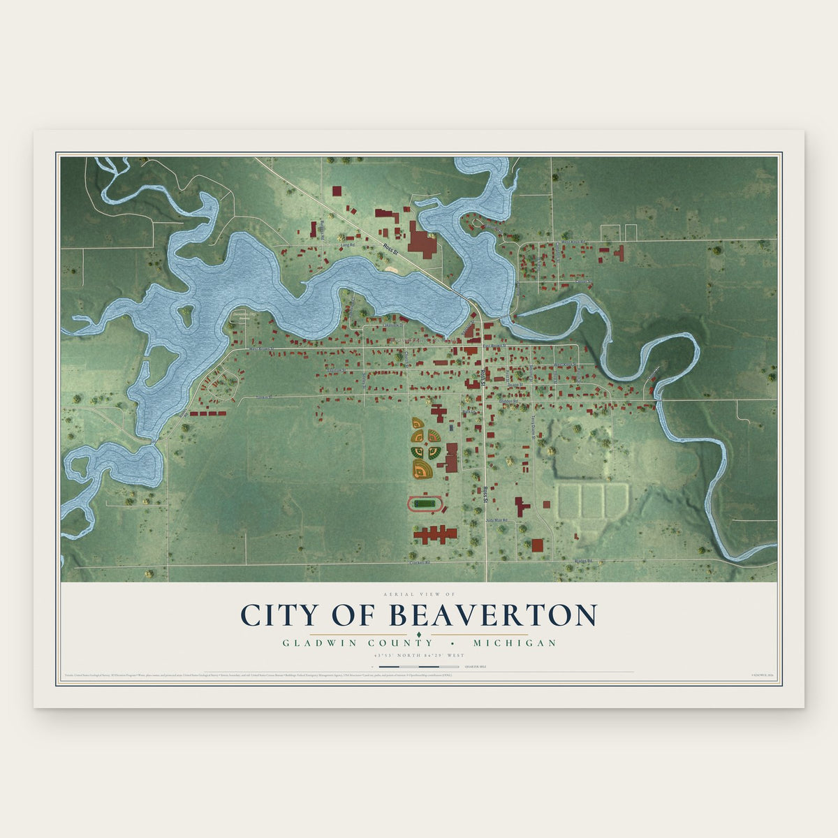 Beaverton, Michigan map print, the full design