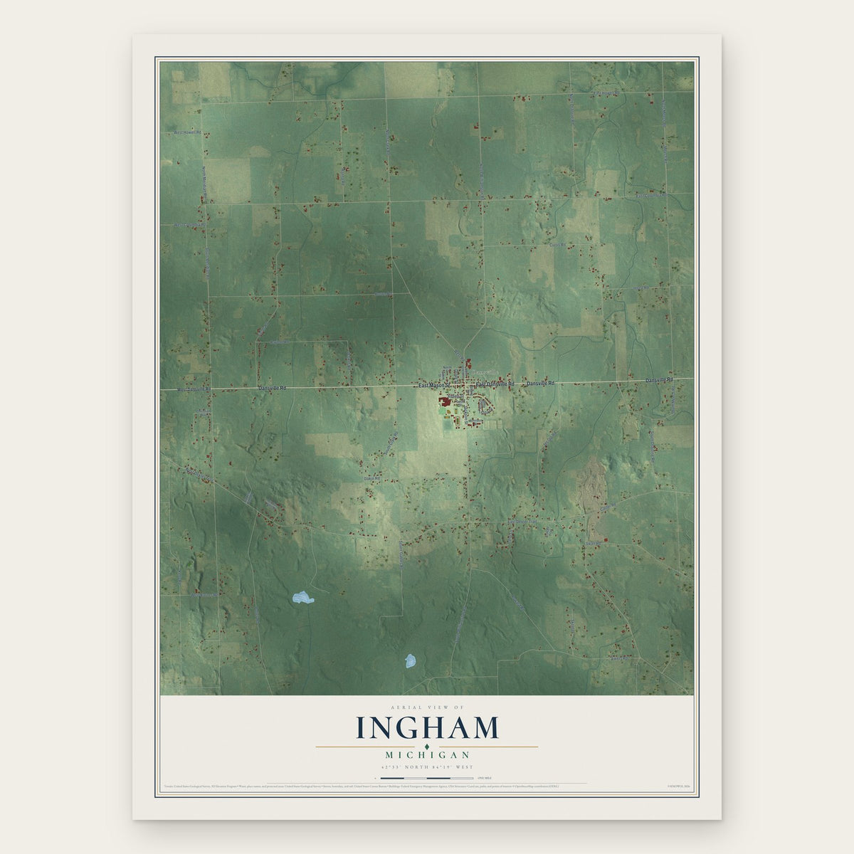 Ingham, Michigan map print, the full design