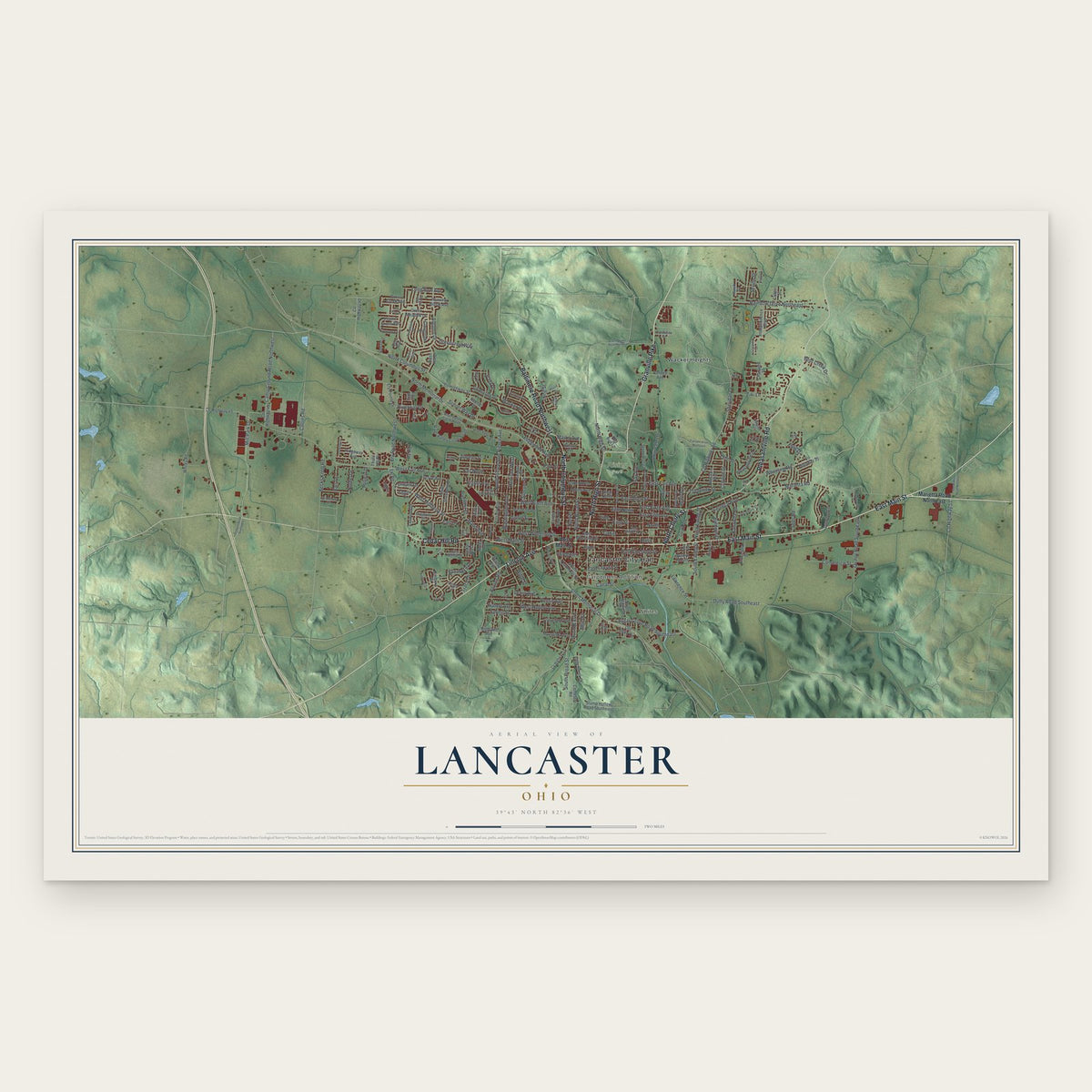 Lancaster, Ohio map print, the full design