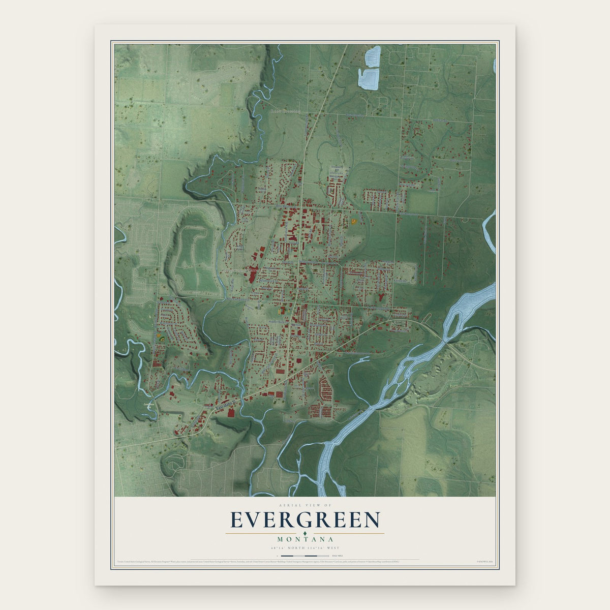 Evergreen, Montana map print, the full design