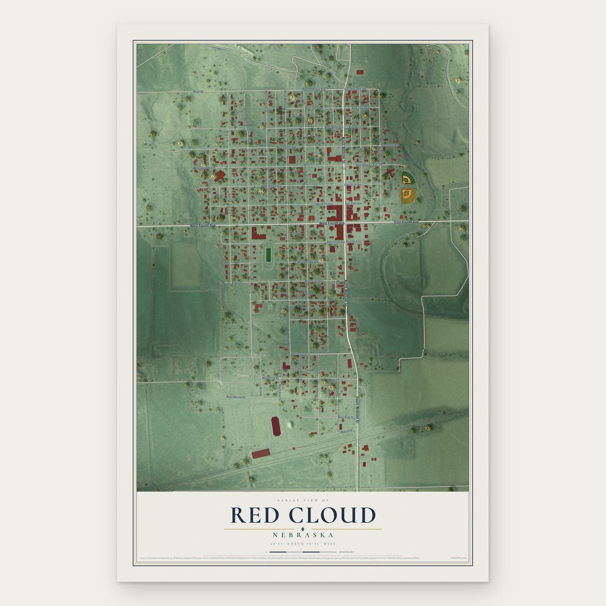 Red Cloud, Nebraska map print, the full design