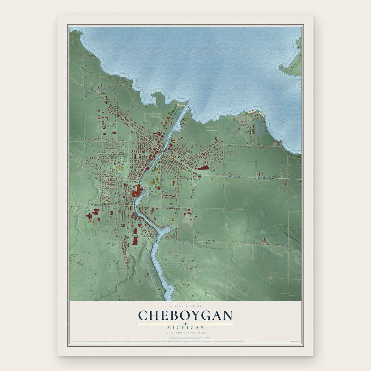 Cheboygan, Michigan map print, the full design