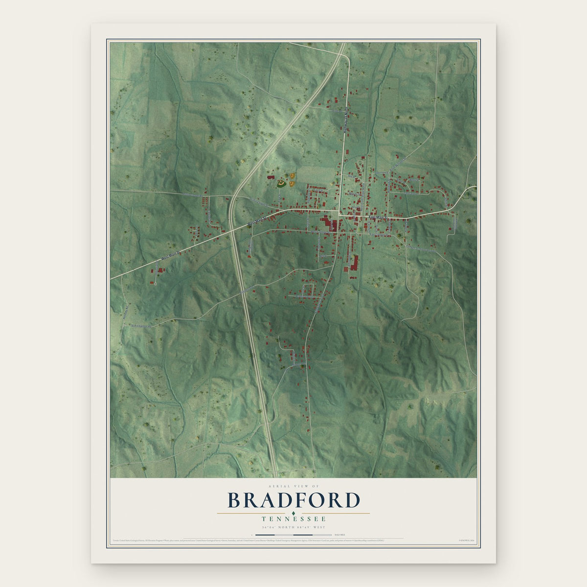 Bradford, Tennessee map print, the full design