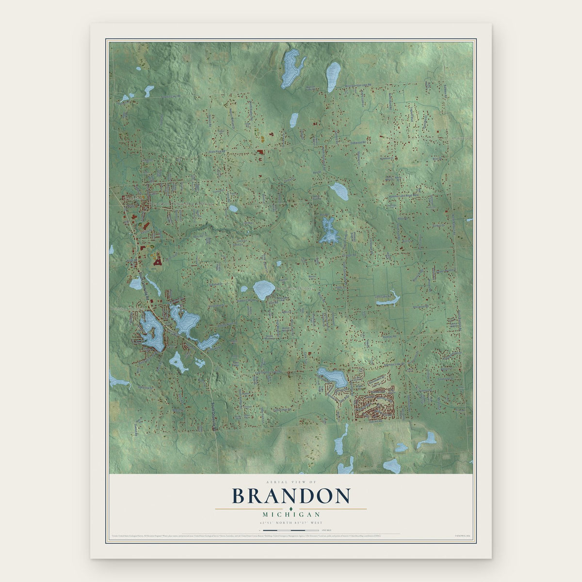 Brandon, Michigan map print, the full design