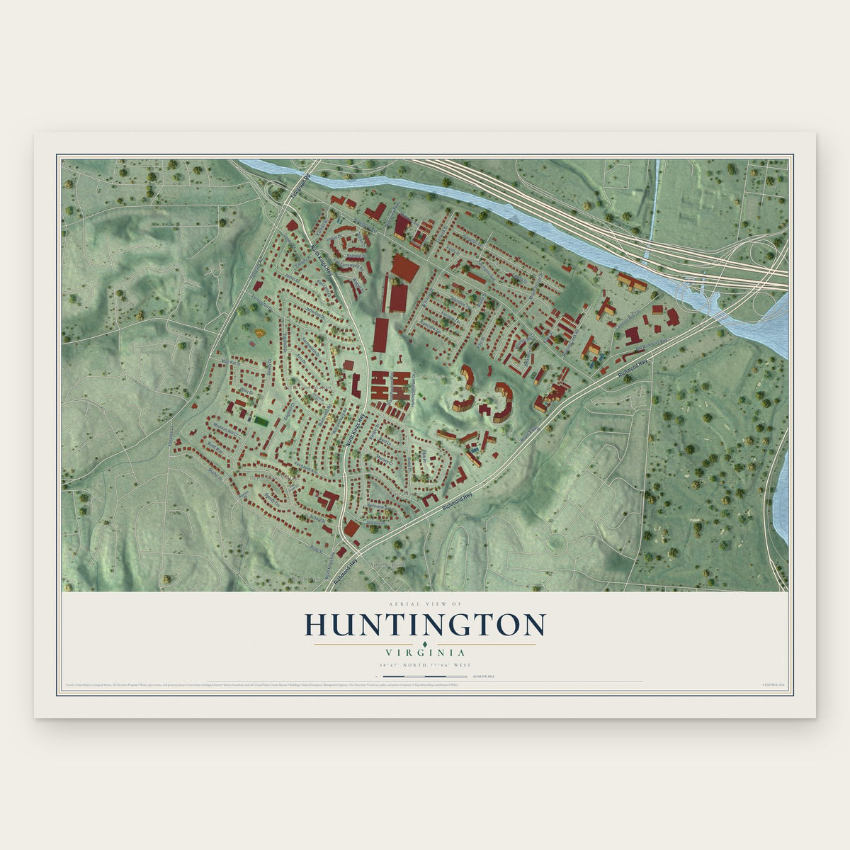 Huntington, Virginia map print, the full design