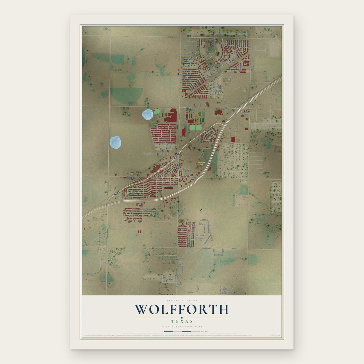 Wolfforth, Texas map print, the full design