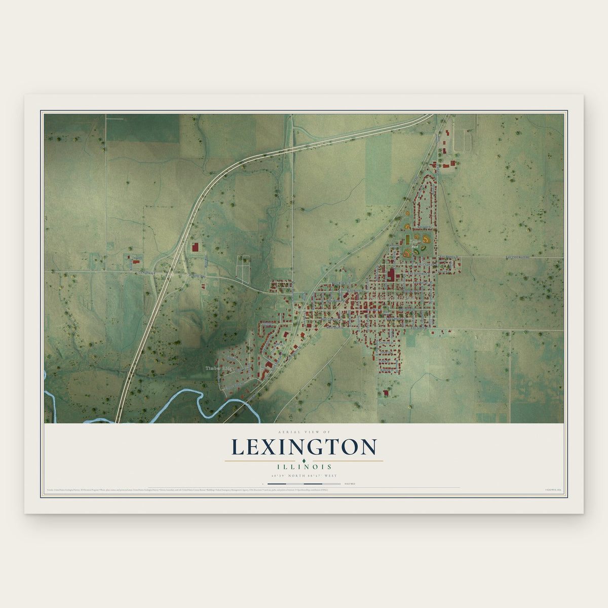 Lexington, Illinois map print, the full design