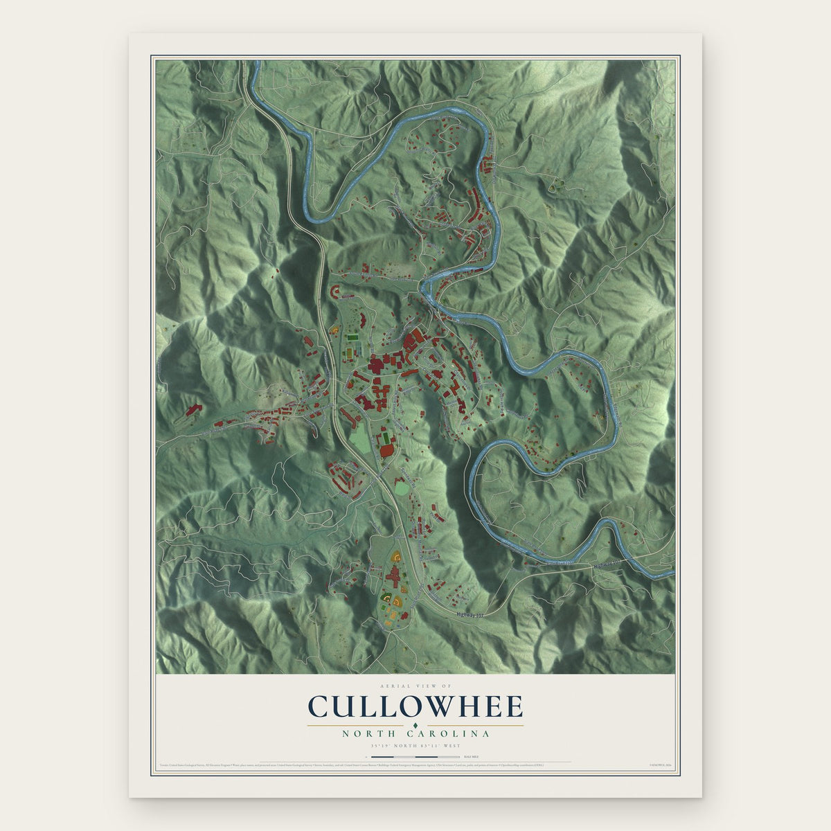 Cullowhee, North Carolina map print, the full design