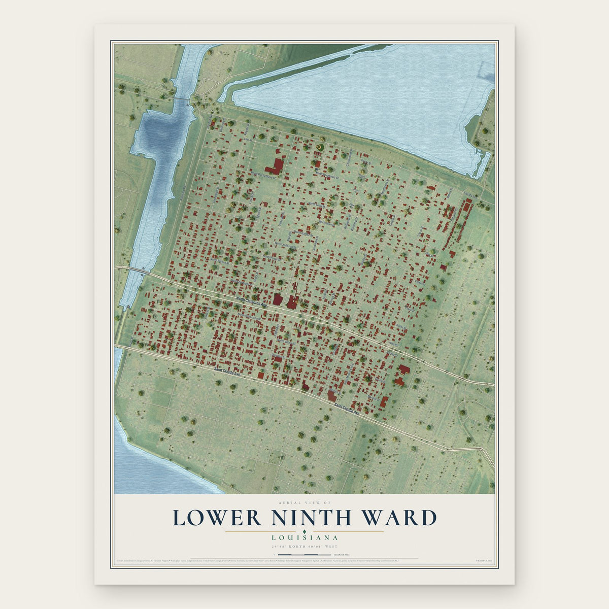 Lower Ninth Ward, Louisiana map print, the full design